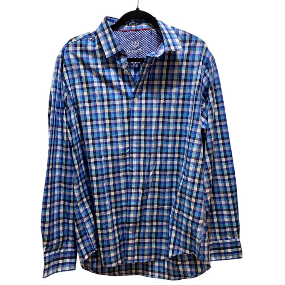 Bugatchi Uomo Classic Fit Blue Plaid Button Down Shirt Long Sleeve Size XL